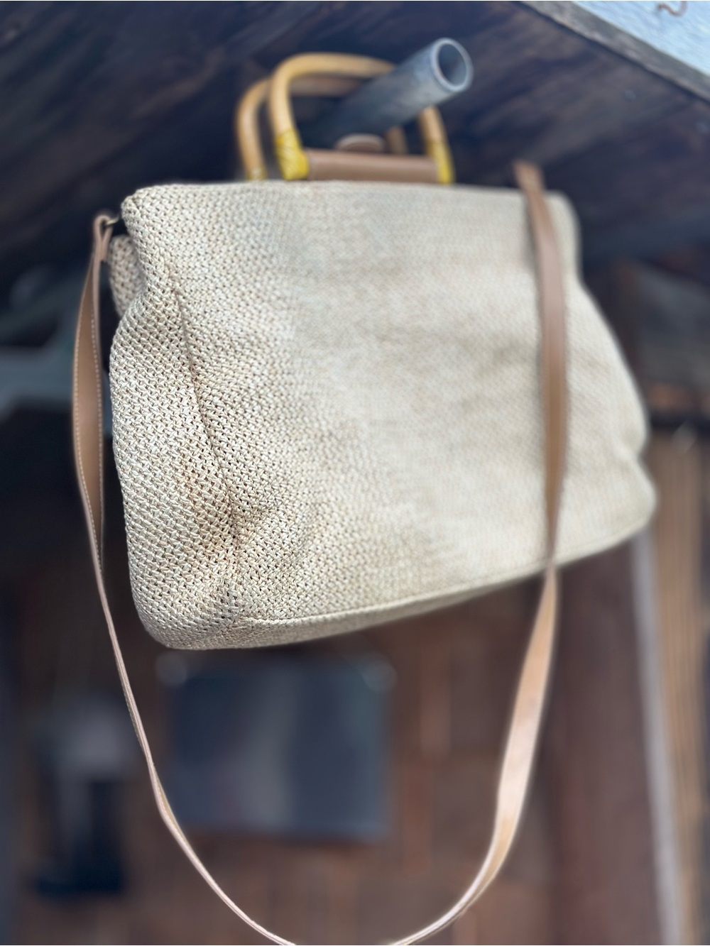Fossil Beige Woven Crossbody with Tan Leather Strap
